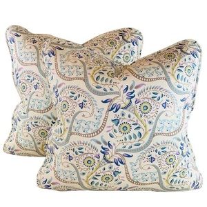 Pair Vicki Payne Free Spirit Aqua Gray Green Floral Paisley Pillow Covers